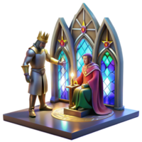 beautiful minimalist A medieval knight kneeling before a king in a grand, vaulted hall, stained-glass windows casting colorful light, detailed digital art style professional png