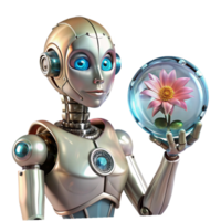 dramatic creative A humanoid robot, with intricate clockwork mechanisms visible beneath its transparent skin, gazing at a blooming robotic flower. Soft lighting, steampunk style exclusive png