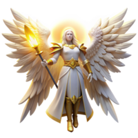 wonderful rustic A powerful, angelic being with feathered wings of pure white, holding a glowing sword, illuminated by a divine, golden light. Angelic art style authentic png