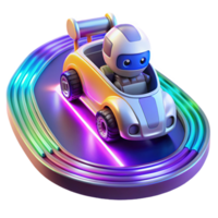 vibrant minimalist A robot racing car speeding around a futuristic track, lit by colorful neon lights and speed trails in a racing game style detailed png