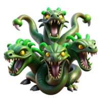 serene vintage A powerful hydra with multiple heads, each spewing venomous green fumes, dark, stormy background. Dark fantasy style exclusive png