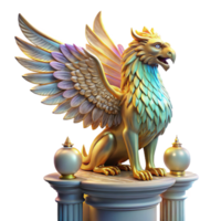 wonderful contemporary A majestic griffin with iridescent feathers, perched atop a crumbling marble pillar, lit by a single ray of golden light, in a hyperrealistic style original png