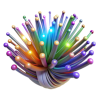 elegant contemporary Intricate network of fiber optic cables pulsing with multicolored light, dark background, cyberpunk style high quality png