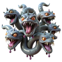extraordinary vintage A terrifying Hydra with nine snarling heads, each dripping venom, scales shimmering in dim light, in a grotesque, Baroque style 4K png