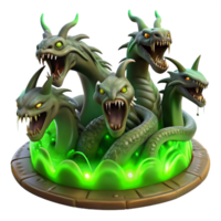 impressive artistic A fearsome hydra rising from a murky swamp, its multiple heads hissing, lit by eerie green bioluminescence, in a dark fantasy style detailed png