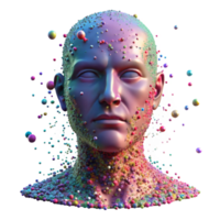 extraordinary minimalist A human face dissolving into a cascade of colorful particles, lit by a strobe light effect, Glitch Art style high quality png