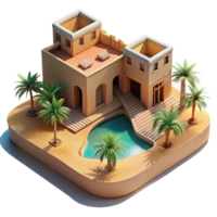 stunning abstract Desert oasis resort, low-slung adobe buildings, shimmering pool reflecting palm trees, intense desert sunlight, travel photography style premium png