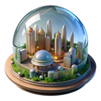 dramatic creative A futuristic city built inside a giant dome, lush vegetation growing within, the soft light of artificial suns illuminating the scene. Biopunk style original png