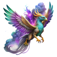impressive minimalist A majestic griffin with emerald scales and feathered wings, soaring through a swirling nebula of purple and gold. Dramatic lighting, digital painting style exclusive png