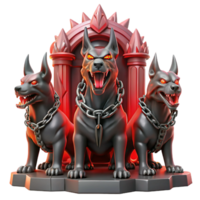 stunning contemporary A three-headed Cerberus guarding the gates of the underworld, bathed in hellish red light, chains rattling. Dark fantasy style high quality png