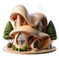 vibrant rustic Organic architecture house, flowing curves mimicking natural forms, wood and stone materials, soft dappled forest light, digital painting style high resolution png