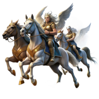 serene abstract A group of Valkyries, riding winged horses across a stormy sky, carrying fallen warriors to Valhalla. Dramatic, stormy lighting. Norse mythology style detailed png