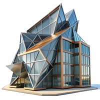 wonderful vintage Deconstructivist office building, fragmented forms, sharp angles, steel and glass construction, harsh midday sun, photorealistic render authentic png