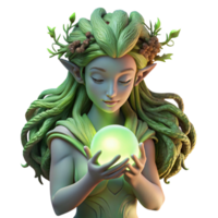 stunning contemporary A serene dryad with bark-like skin and flowing moss hair, cradling a glowing orb, illuminated by soft, ethereal moonlight, in an Art Nouveau style premium png
