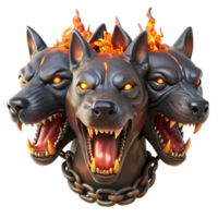 impressive artistic A three-headed Cerberus, each head snarling, with fiery eyes and dripping saliva, chains made of glowing embers, in a dark, gritty realism style original png