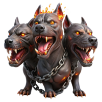 elegant creative A three-headed Cerberus, each head snarling, with fiery eyes and dripping saliva, chains made of glowing embers, in a dark, gritty realism style premium png