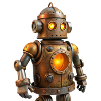 dramatic artistic A rusty, steampunk robot with intricate gears and glowing amber eyes, lit by flickering candlelight in a vintage photograph style exclusive png