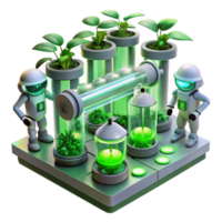 vibrant traditional A group of robots tending to a futuristic hydroponic farm, glowing plants growing in vertical rows, bathed in the green light of the grow lamps. Biopunk style original png