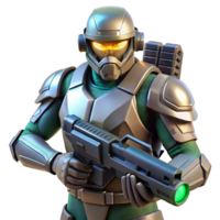 elegant creative A futuristic soldier in power armor, holding a plasma rifle, heroic pose, cinematic lighting, concept art style premium png