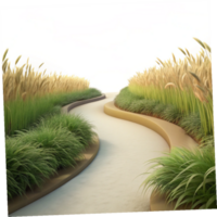 dramatic creative A winding dirt path through a field of tall grass, soft morning light, peaceful and serene style detailed png