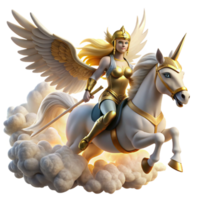 serene abstract A fierce Valkyrie riding her winged horse through the clouds, bathed in the golden light of Valhalla, in a Norse mythology inspired style professional png
