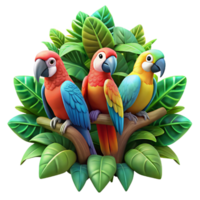magnificent classic A group of colorful macaws perched on a lush tropical tree, vibrant jungle colors with bokeh effect, digital art style high resolution png