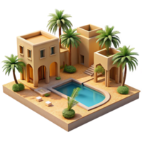 extraordinary modern Desert oasis resort, low-slung adobe buildings, shimmering pool reflecting palm trees, intense desert sunlight, travel photography style high resolution png