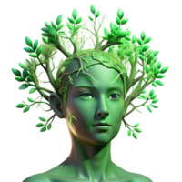 stunning abstract Portrait of a person morphing into a tree, with branches and leaves growing from their skin, lit by ethereal, green light, in a surreal style high quality png