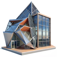 wonderful minimalist Deconstructivist office building, fragmented forms, sharp angles, steel and glass construction, harsh midday sun, photorealistic render authentic png