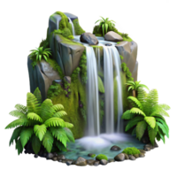 sereno Clásico un cascada cascada rodeado por lozano verde musgo y helechos, largo exposición fotografía, difundido luz de sol, realista estilo alto calidad png