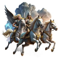 wonderful classic A group of Valkyries, riding winged horses across a stormy sky, carrying fallen warriors to Valhalla. Dramatic, stormy lighting. Norse mythology style professional png