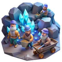 impressive modern A group of dwarves mining for gems in a deep, cavernous mine, illuminated by glowing crystals. Cool, crystalline lighting. Realism style high quality png