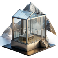 beautiful modern Mountaintop retreat, minimalist glass and steel structure, panoramic mountain views, crisp alpine air lighting, architectural rendering authentic png