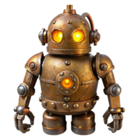 magnificent modern A rusty, steampunk robot with intricate gears and glowing amber eyes, lit by flickering candlelight in a vintage photograph style high quality png