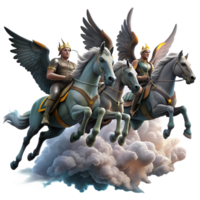 serene classic A group of Valkyries, riding winged horses across a stormy sky, carrying fallen warriors to Valhalla. Dramatic, stormy lighting. Norse mythology style professional png