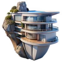 stunning rustic A futuristic apartment complex built into a cliff face, sleek design, panoramic ocean views 4K png
