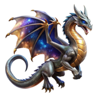 extraordinary vintage A majestic dragon with scales of obsidian and gold, soaring through a swirling nebula of stardust, illuminated by a celestial glow. High fantasy art style genuine png