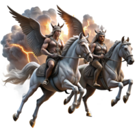 elegant minimalist A group of Valkyries, riding winged horses across a stormy sky, carrying fallen warriors to Valhalla. Dramatic, stormy lighting. Norse mythology style genuine png