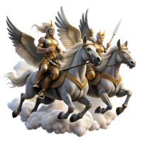 magnificent minimalist A group of Valkyries riding winged horses, carrying fallen warriors to Valhalla, dramatic sky with swirling clouds. Norse mythology style 4K png