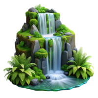 impressive modern A cascading waterfall surrounded by lush green moss and ferns, long exposure photography, diffused sunlight, realistic style 4K png