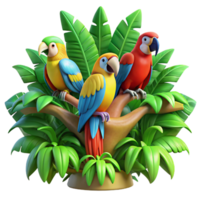 vibrant abstract A group of colorful macaws perched on a lush tropical tree, vibrant jungle colors with bokeh effect, digital art style high quality png