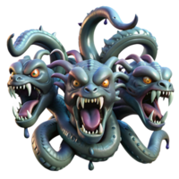 dramatic classic A terrifying Hydra with nine snarling heads, each dripping venom, scales shimmering in dim light, in a grotesque, Baroque style authentic png