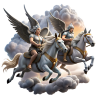 stunning rustic A group of Valkyries, riding winged horses across a stormy sky, carrying fallen warriors to Valhalla. Dramatic, stormy lighting. Norse mythology style high quality png