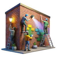 wonderful rustic A group of street artists painting a vibrant mural on the side of a brick building, illuminated by portable spotlights. Street art style, dynamic lighting authentic png