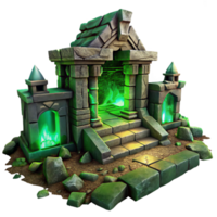 serene abstract An ancient, crumbling ruin with glowing, mystical runes carved into its walls, illuminated by an eerie, green light. Dark fantasy landscape art style 4K png