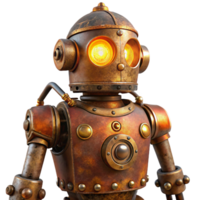 stunning rustic A rusty, steampunk robot with intricate gears and glowing amber eyes, lit by flickering candlelight in a vintage photograph style professional png