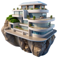 extraordinary modern A futuristic apartment complex built into a cliff face, sleek design, panoramic ocean views authentic png