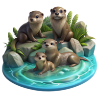 dramatic abstract A family of playful otters frolicking in a crystal clear river, dappled sunlight filtering through the trees, impressionist painting style genuine png