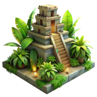 serene rustic An ancient ziggurat overgrown with jungle vegetation, mystical atmosphere, warm lighting, hyperrealistic rendering detailed png
