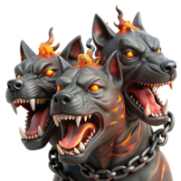 stunning modern A three-headed Cerberus, each head snarling, with fiery eyes and dripping saliva, chains made of glowing embers, in a dark, gritty realism style original png
